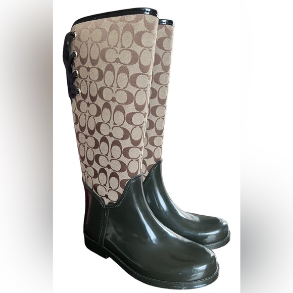 Coach Tristee Monogram Logo Print Coated Canvas Lace Up Back Tall Rain Boots 10 - Picture 15 of 15
